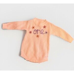 Embroidered ‘One’ & Flowers First Birthday Sweater Romper White 9-12 Months EUC